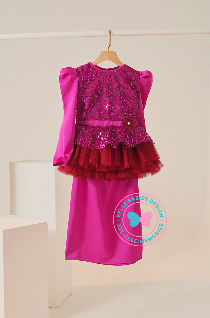 Tiered Sequin Kurung  - Magenta Red